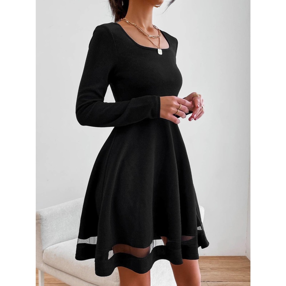 sheer long sleeve Mesh Insert Square Neck Flare Hem Dress stripe black